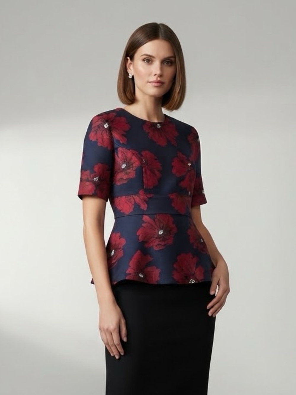 Lela Rose Navy Red Poppy Floral Jacquard Peplum Tunic Blouse 10
